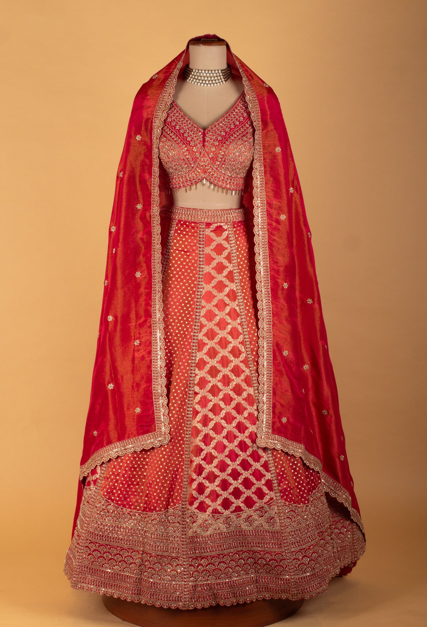 Red & Peach Heavy Embroidered Bridal Crop Top Lehenga Set with Handwork Dupatta