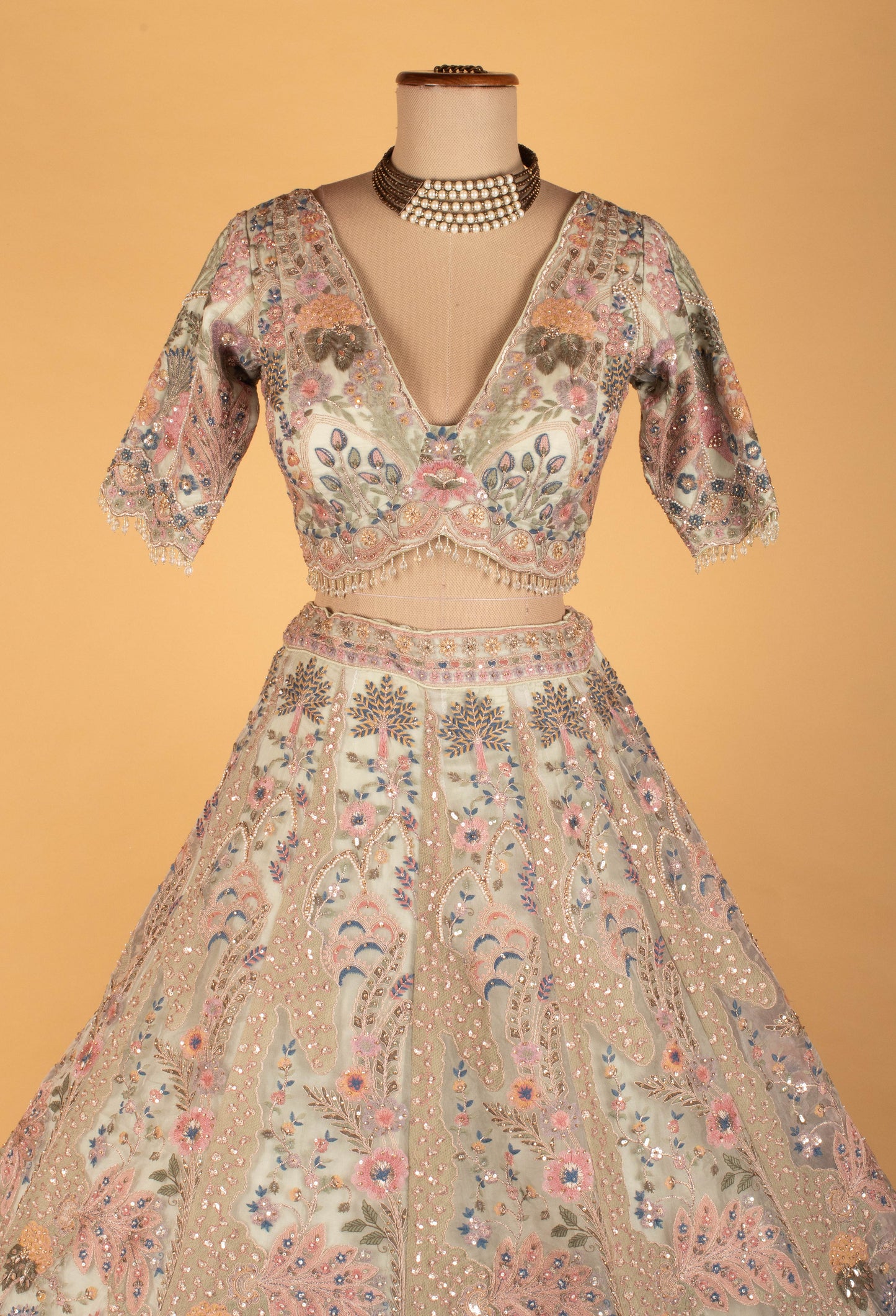 Pastel Multi-Color Embroidered Designer Bridal Lehenga Set with Net Dupatta