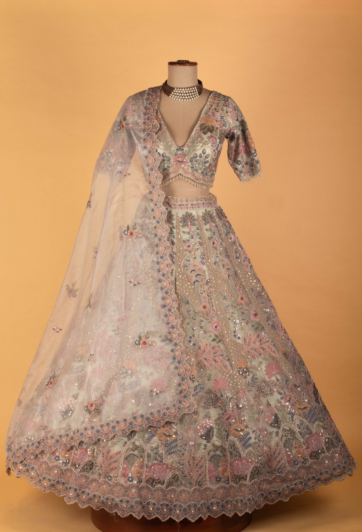 Pastel Multi-Color Embroidered Designer Bridal Lehenga Set with Net Dupatta