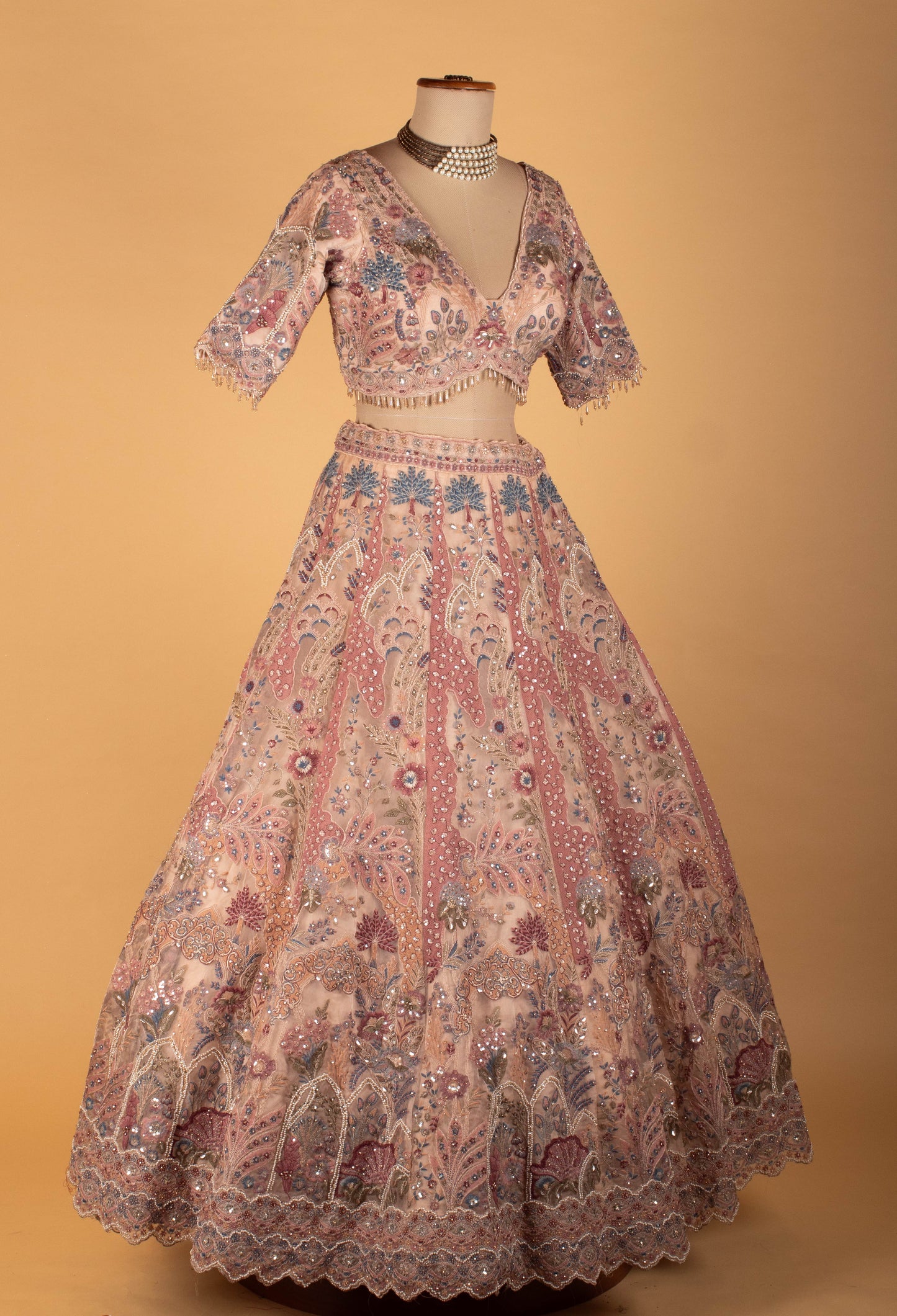 Blush Pink Pastel Embroidered Designer Bridal Lehenga Set with Sequin Net Dupatta