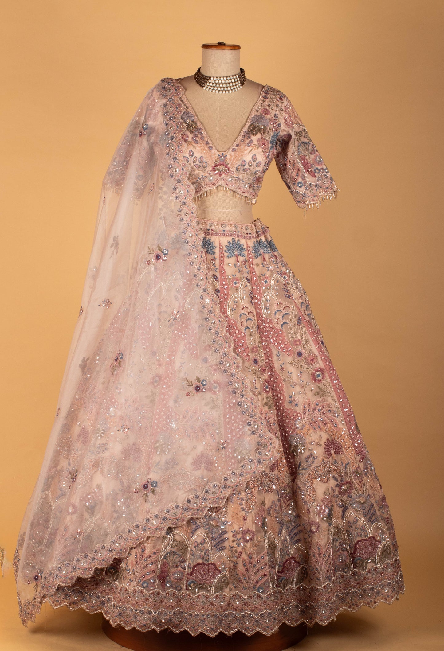 Blush Pink Pastel Embroidered Designer Bridal Lehenga Set with Sequin Net Dupatta