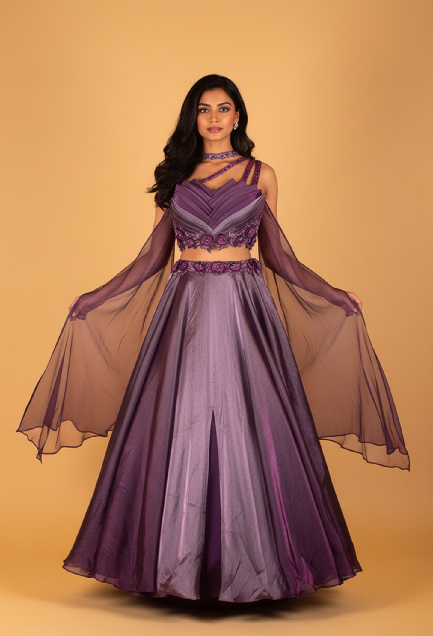 Metallic Purple Designer Crop Top Lehenga Set with Layered Pleated Blouse & Embellished Cape