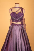 Metallic Purple Designer Crop Top Lehenga Set with Layered Pleated Blouse & Embellished Cape