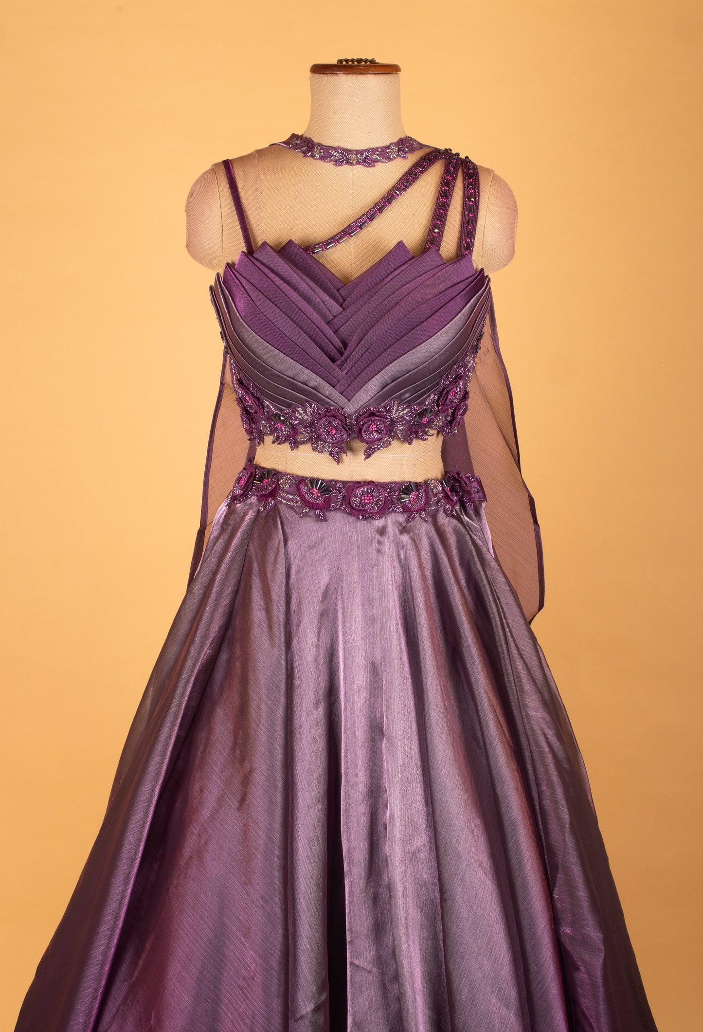 Metallic Purple Designer Crop Top Lehenga Set with Layered Pleated Blouse & Embellished Cape