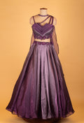 Metallic Purple Designer Crop Top Lehenga Set with Layered Pleated Blouse & Embellished Cape
