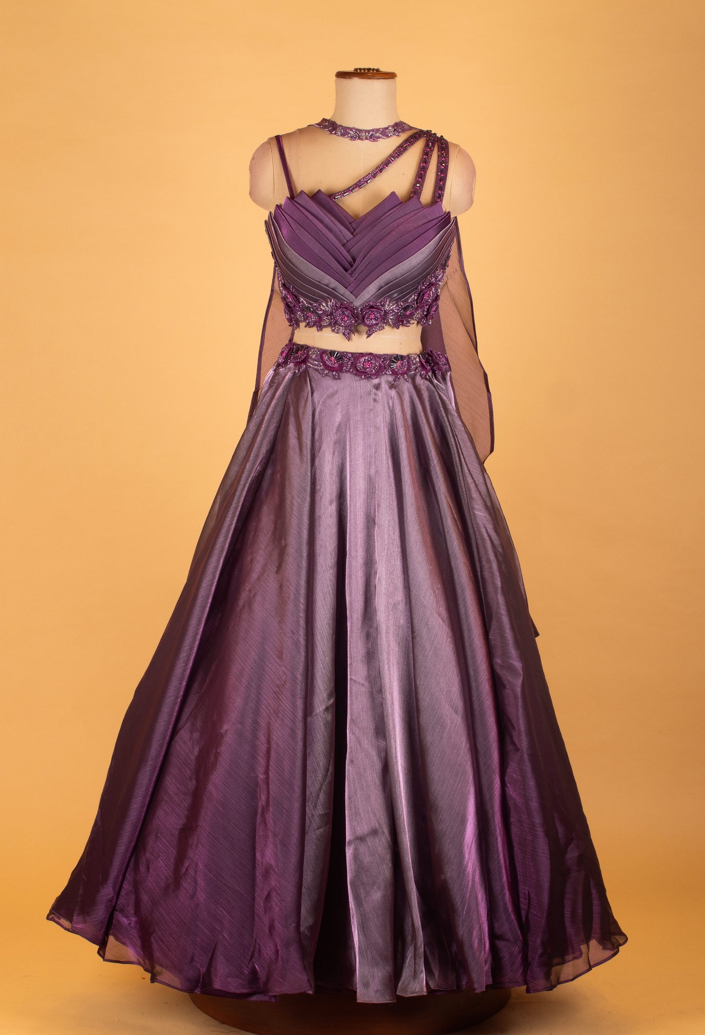 Metallic Purple Designer Crop Top Lehenga Set with Layered Pleated Blouse & Embellished Cape