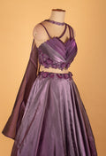 Metallic Purple Designer Crop Top Lehenga Set with Layered Pleated Blouse & Embellished Cape