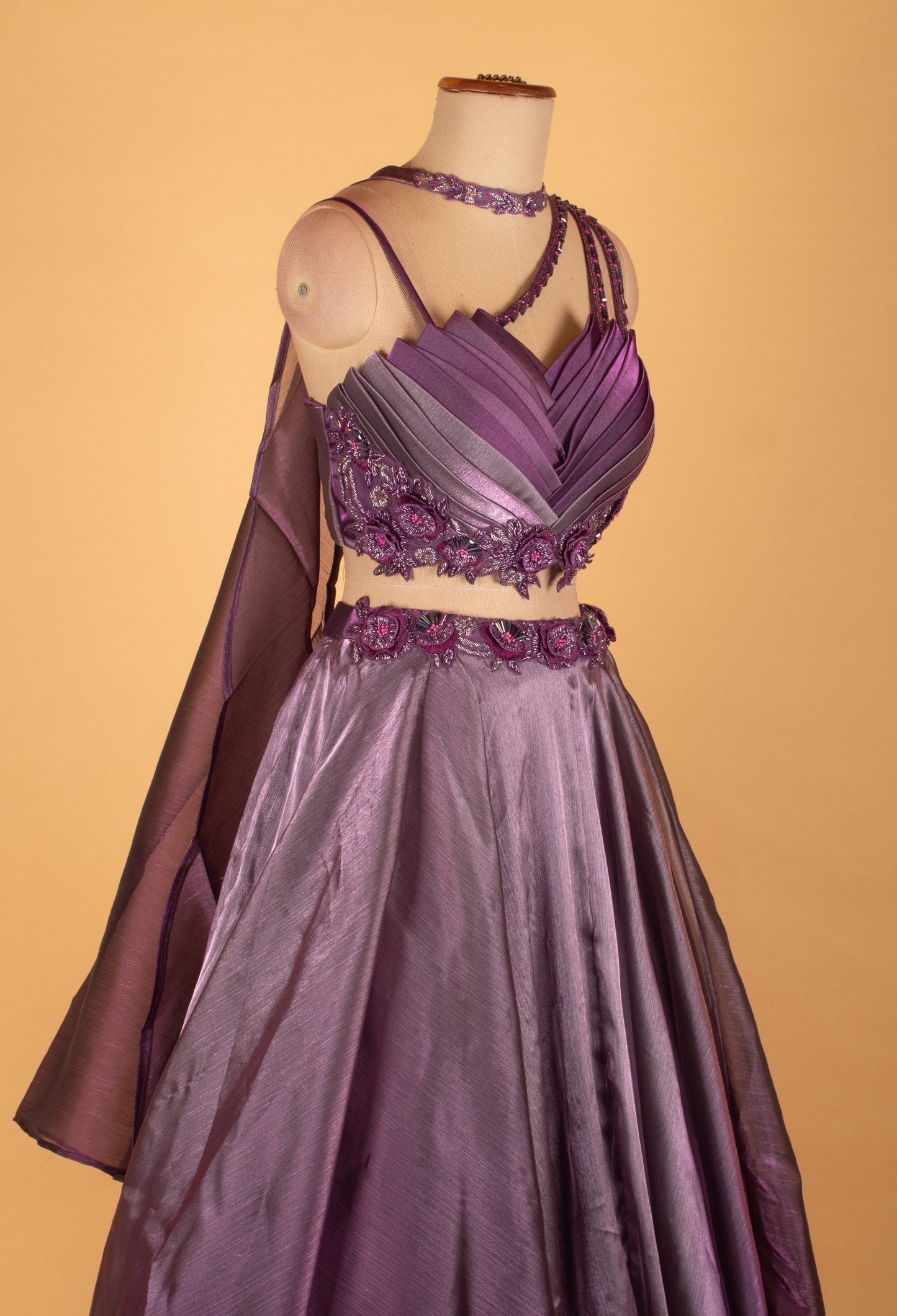 Metallic Purple Designer Crop Top Lehenga Set with Layered Pleated Blouse & Embellished Cape