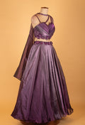Metallic Purple Designer Crop Top Lehenga Set with Layered Pleated Blouse & Embellished Cape