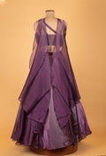 Metallic Purple Designer Crop Top Lehenga Set with Layered Pleated Blouse & Embellished Cape