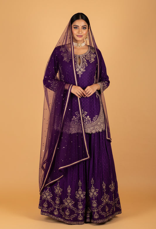 Royal Purple Embroidered Crop Top Lehenga Set with Dupatta