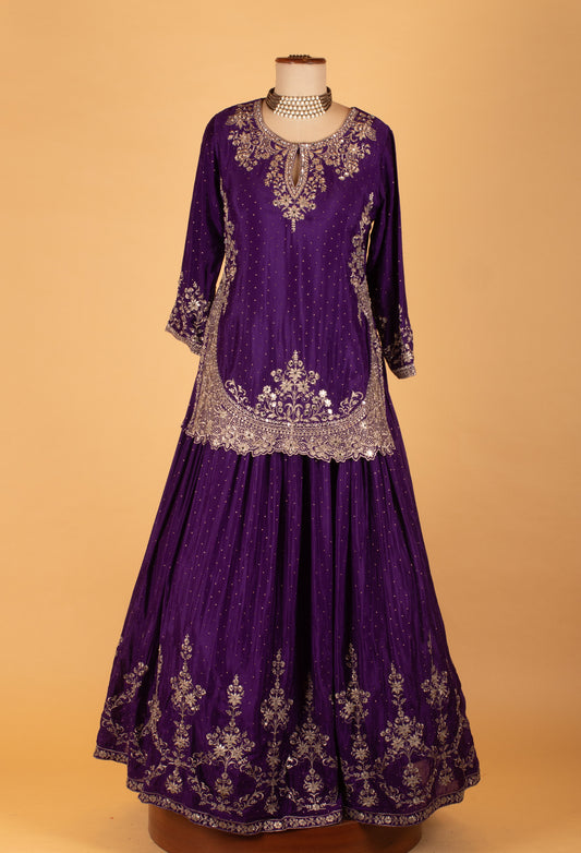 Royal purple embroidered crop top lehenga set with net dupatta – product image 2