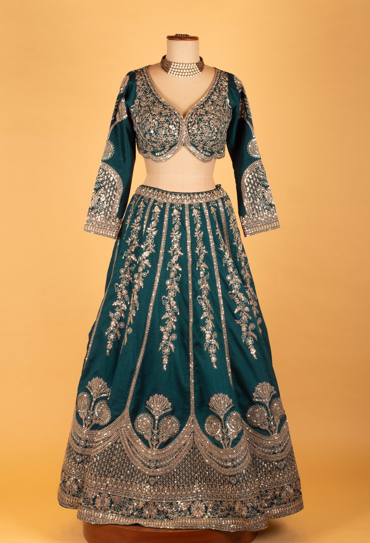 Teal Green Heavy Embroidered Crop Top Lehenga Set with Mirror & Zari Work