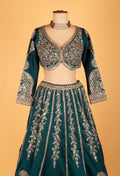 Teal Green Heavy Embroidered Crop Top Lehenga Set with Mirror & Zari Work