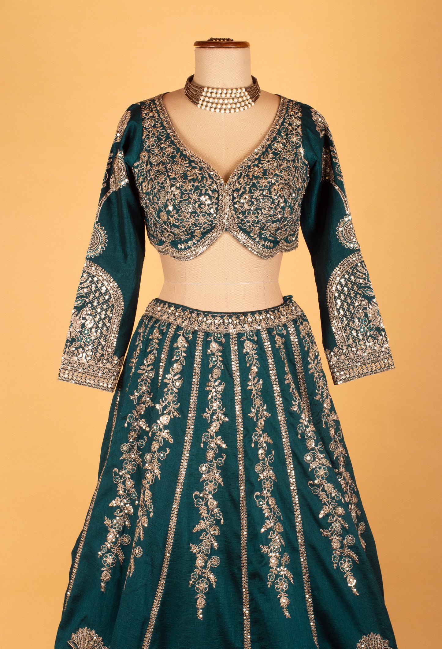 Teal Green Heavy Embroidered Crop Top Lehenga Set with Mirror & Zari Work