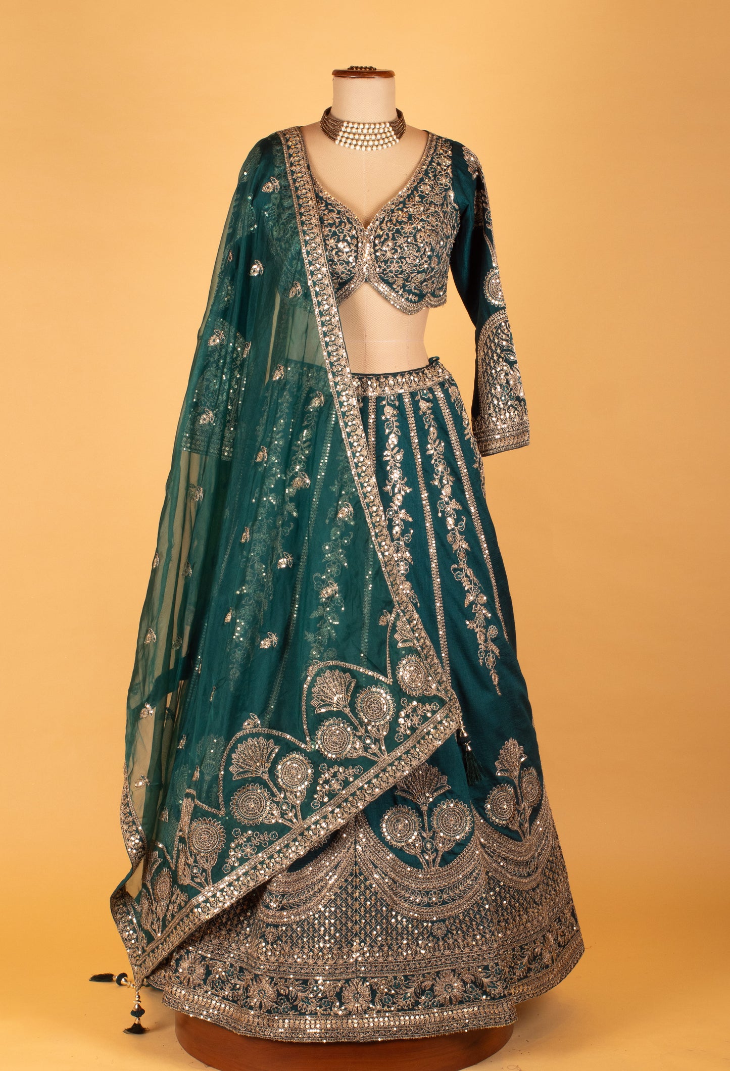 Teal Green Heavy Embroidered Crop Top Lehenga Set with Mirror & Zari Work