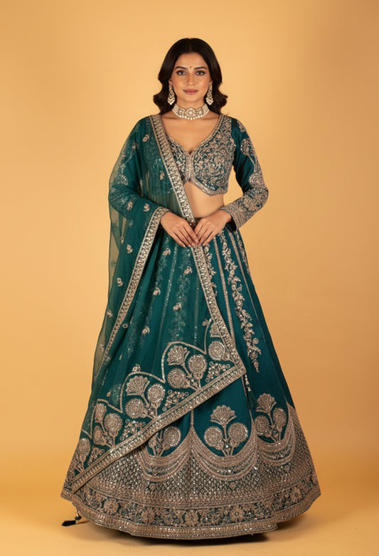 Teal Green Heavy Embroidered Crop Top Lehenga Set with Mirror & Zari Work