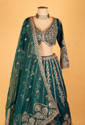 Teal Green Heavy Embroidered Crop Top Lehenga Set with Mirror & Zari Work