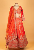 Bright Orange Heavy Mirror & Zari Embroidered Crop Top Lehenga Set with Dupatta