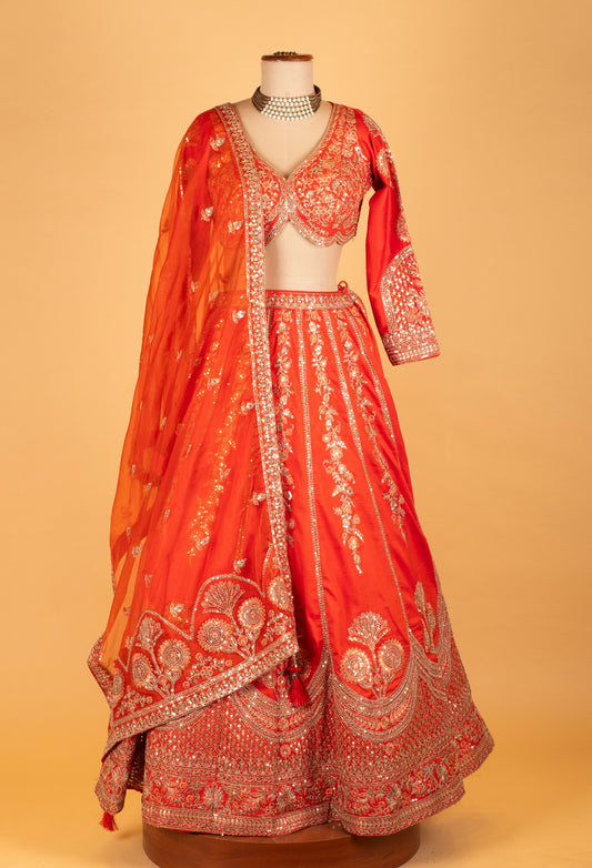 Bright orange mirror and zari embroidered crop top lehenga set – product image 2
