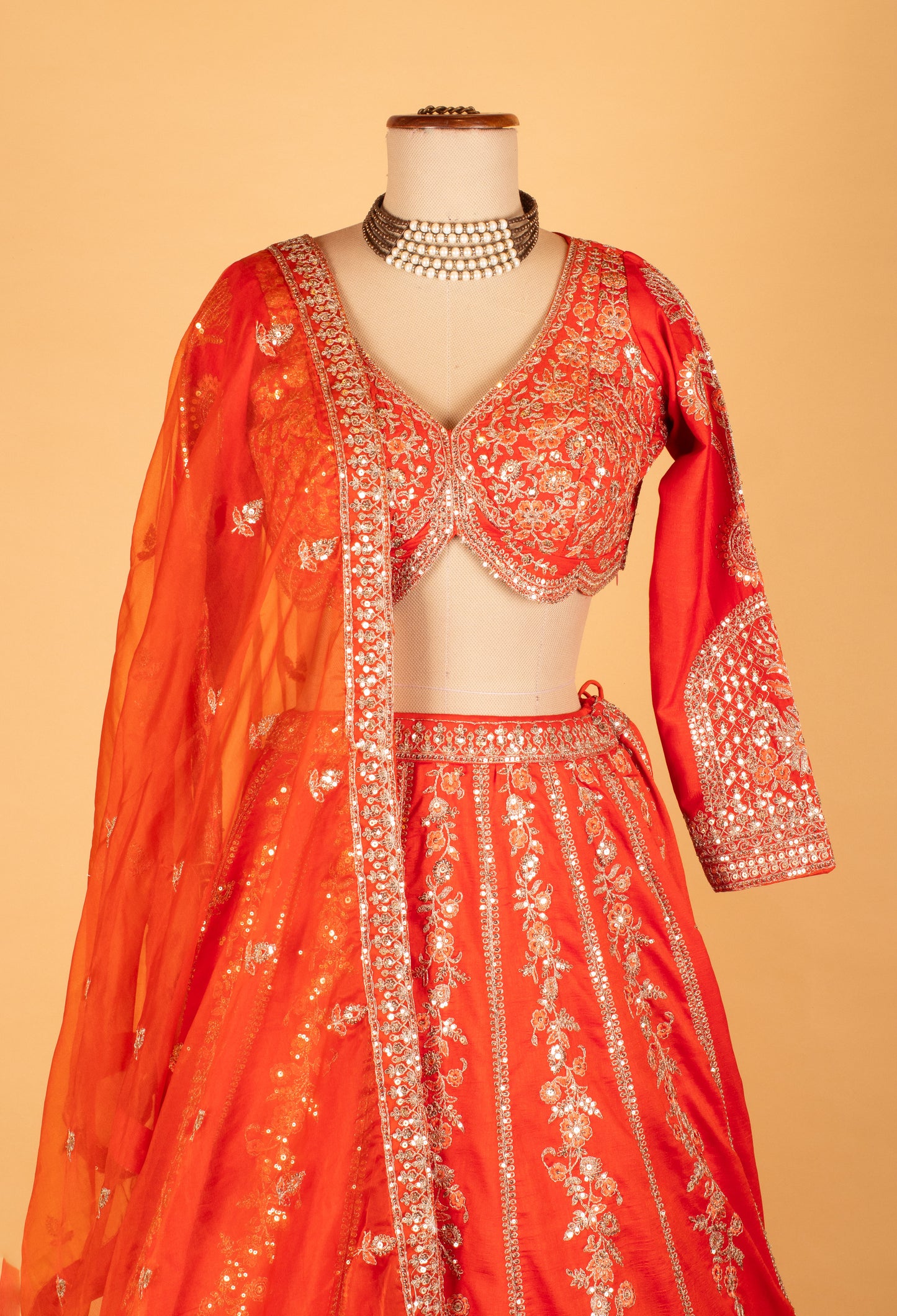 Bright Orange Heavy Mirror & Zari Embroidered Crop Top Lehenga Set with Dupatta