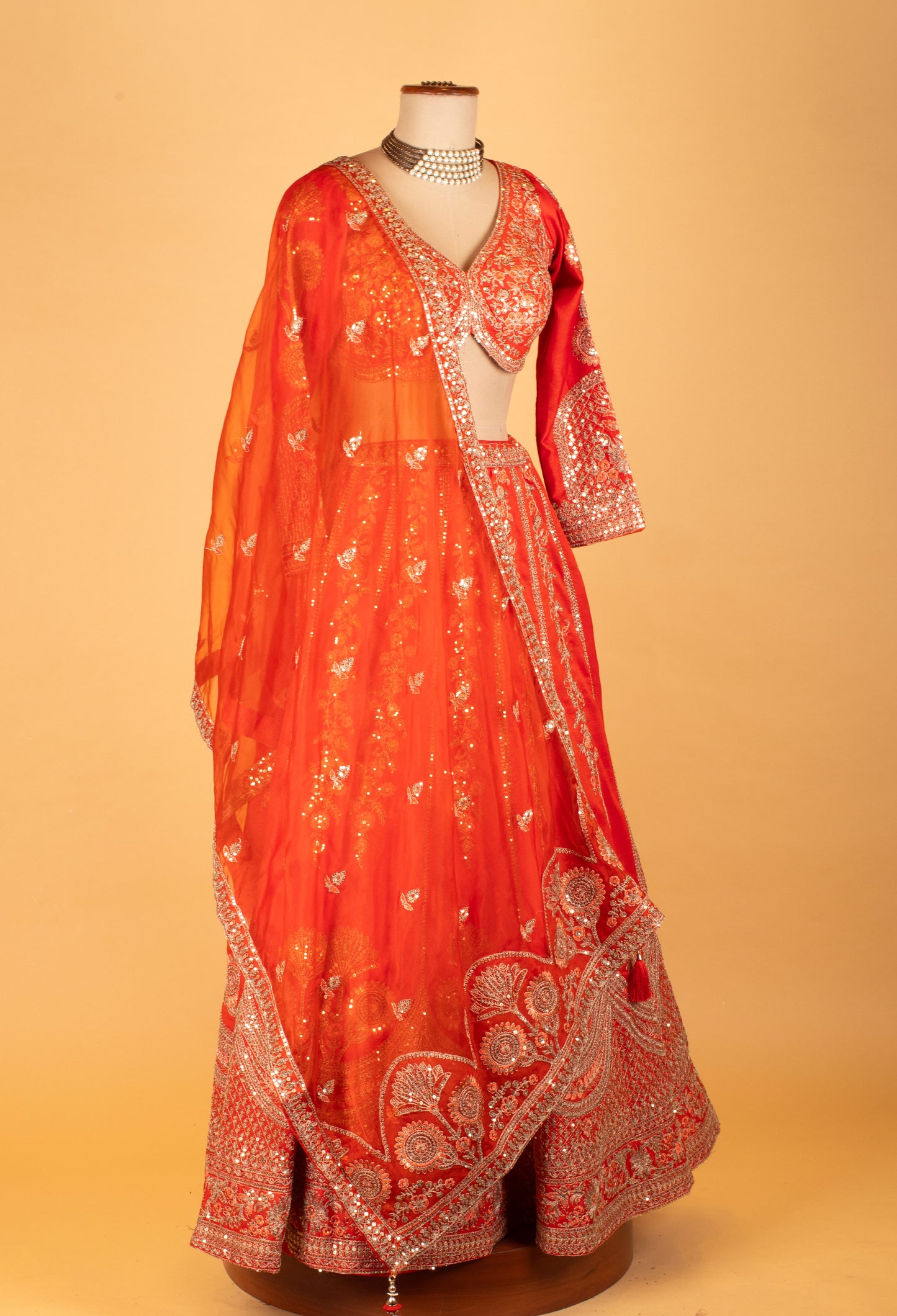 Bright Orange Heavy Mirror & Zari Embroidered Crop Top Lehenga Set with Dupatta
