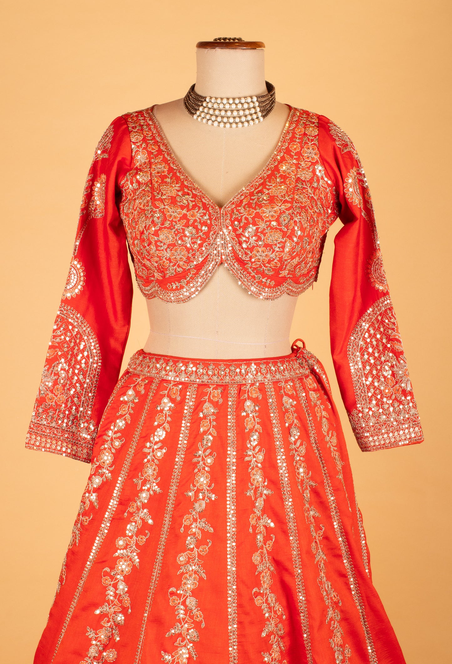 Bright Orange Heavy Mirror & Zari Embroidered Crop Top Lehenga Set with Dupatta