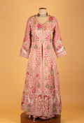 Blush Pink Embroidered Anarkali Gown with Floral Motifs & Matching Dupatta