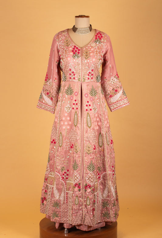 Blush pink embroidered Anarkali gown with floral motifs and dupatta – product image 2