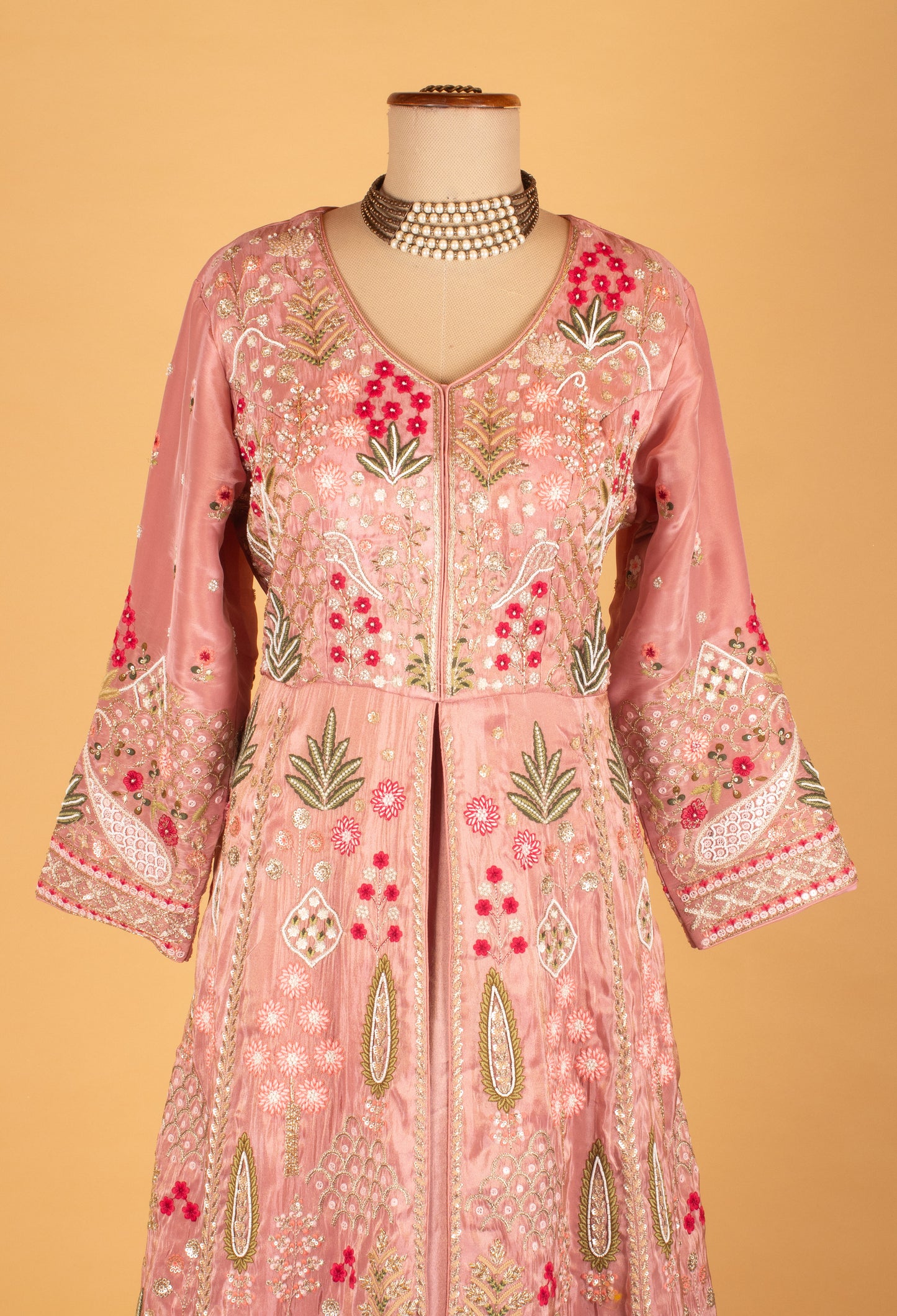 Blush Pink Embroidered Anarkali Gown with Floral Motifs & Matching Dupatta