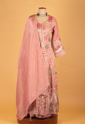 Blush Pink Embroidered Anarkali Gown with Floral Motifs & Matching Dupatta