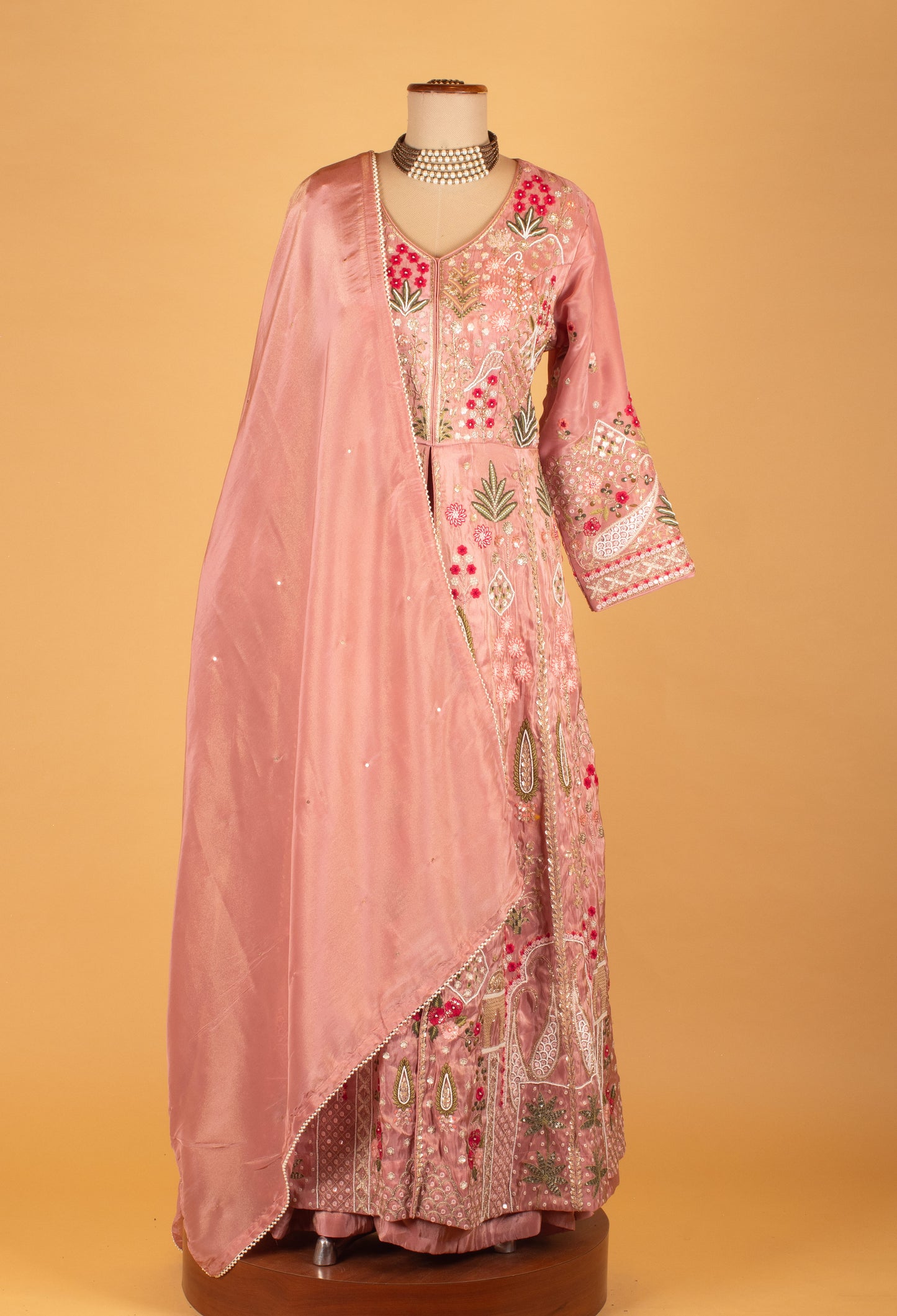 Blush Pink Embroidered Anarkali Gown with Floral Motifs & Matching Dupatta