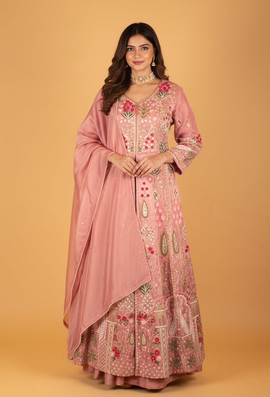 Blush Pink Embroidered Anarkali Gown with Floral Motifs & Matching Dupatta