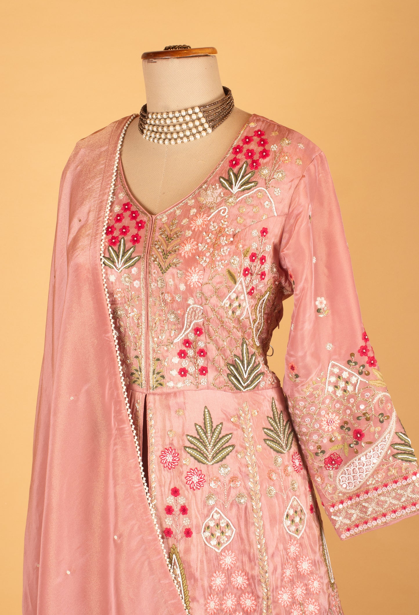 Blush Pink Embroidered Anarkali Gown with Floral Motifs & Matching Dupatta