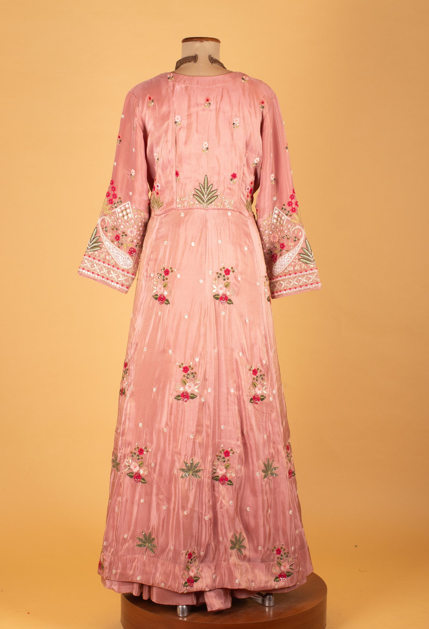 Blush Pink Embroidered Anarkali Gown with Floral Motifs & Matching Dupatta