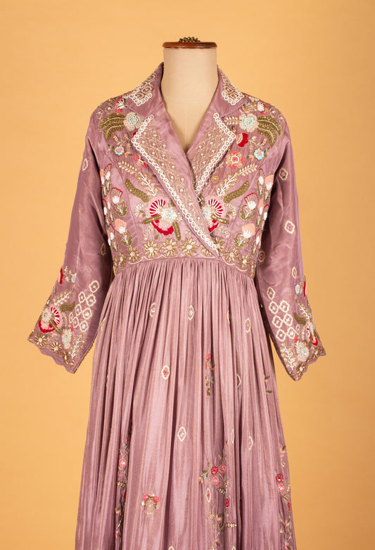 Dusty lavender heavy embroidered straight cut suit with dupatta – product image 2