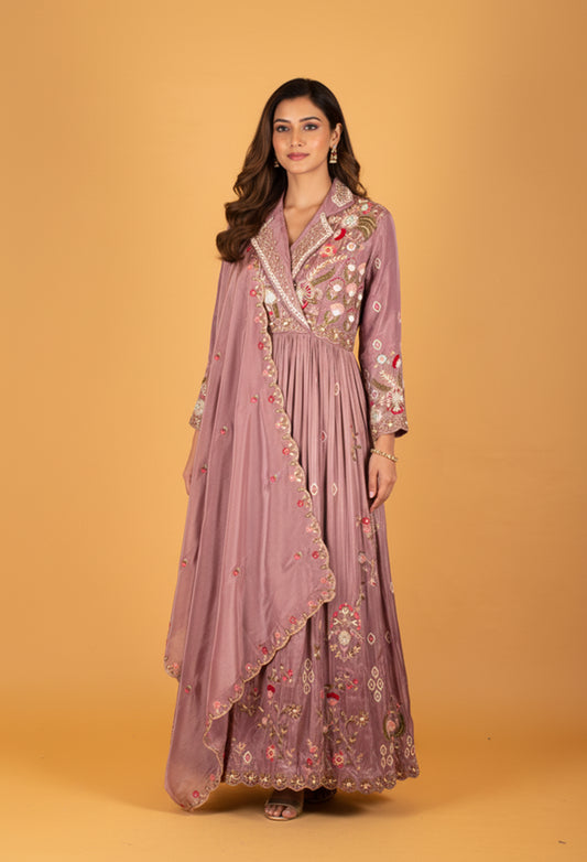 Dusty Lavender Heavy Embroidered Straight Cut Suit with Dupatta