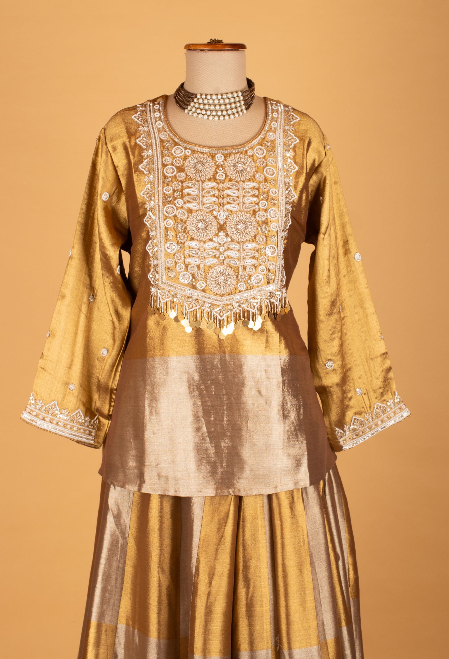 Gold Silk Straight Cut Suit with Heavy Thread Embroidery & Striped Dupatta