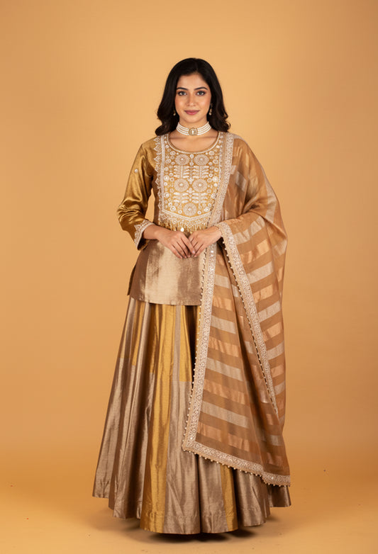 Gold Silk Straight Cut Suit with Heavy Thread Embroidery & Striped Dupatta