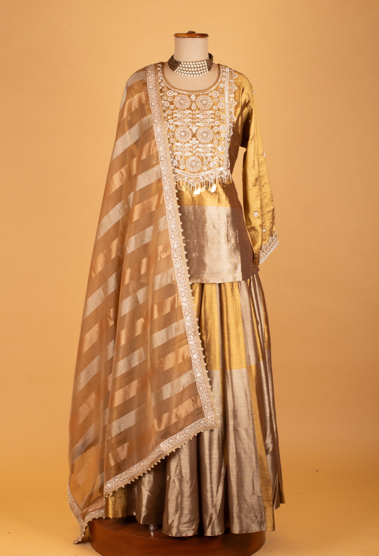 Gold Silk Straight Cut Suit with Heavy Thread Embroidery & Striped Dupatta