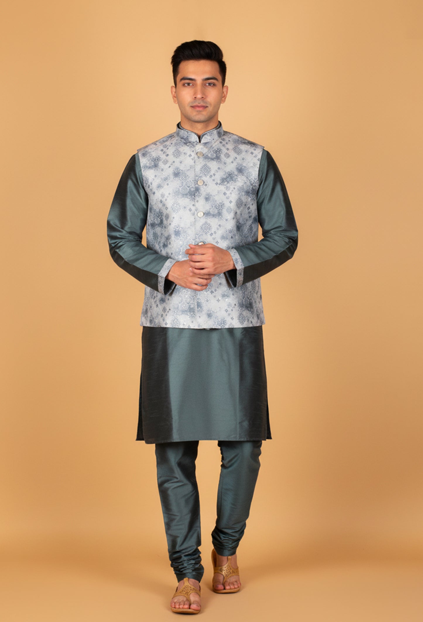 Men’s Teal Green Kurta Set with Printed Nehru Jacket