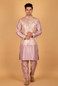 Men’s Blush Pink Kurta Set with Printed Nehru Jacket