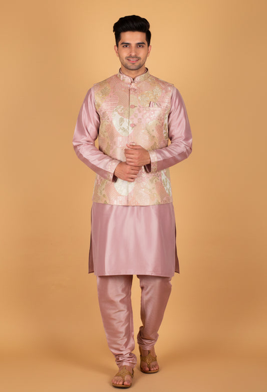 Men’s Blush Pink Kurta Set with Printed Nehru Jacket