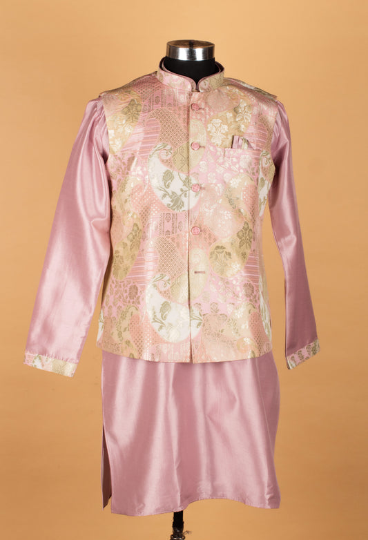 Blush pink kurta set with printed Nehru jacket for men – product image 2
