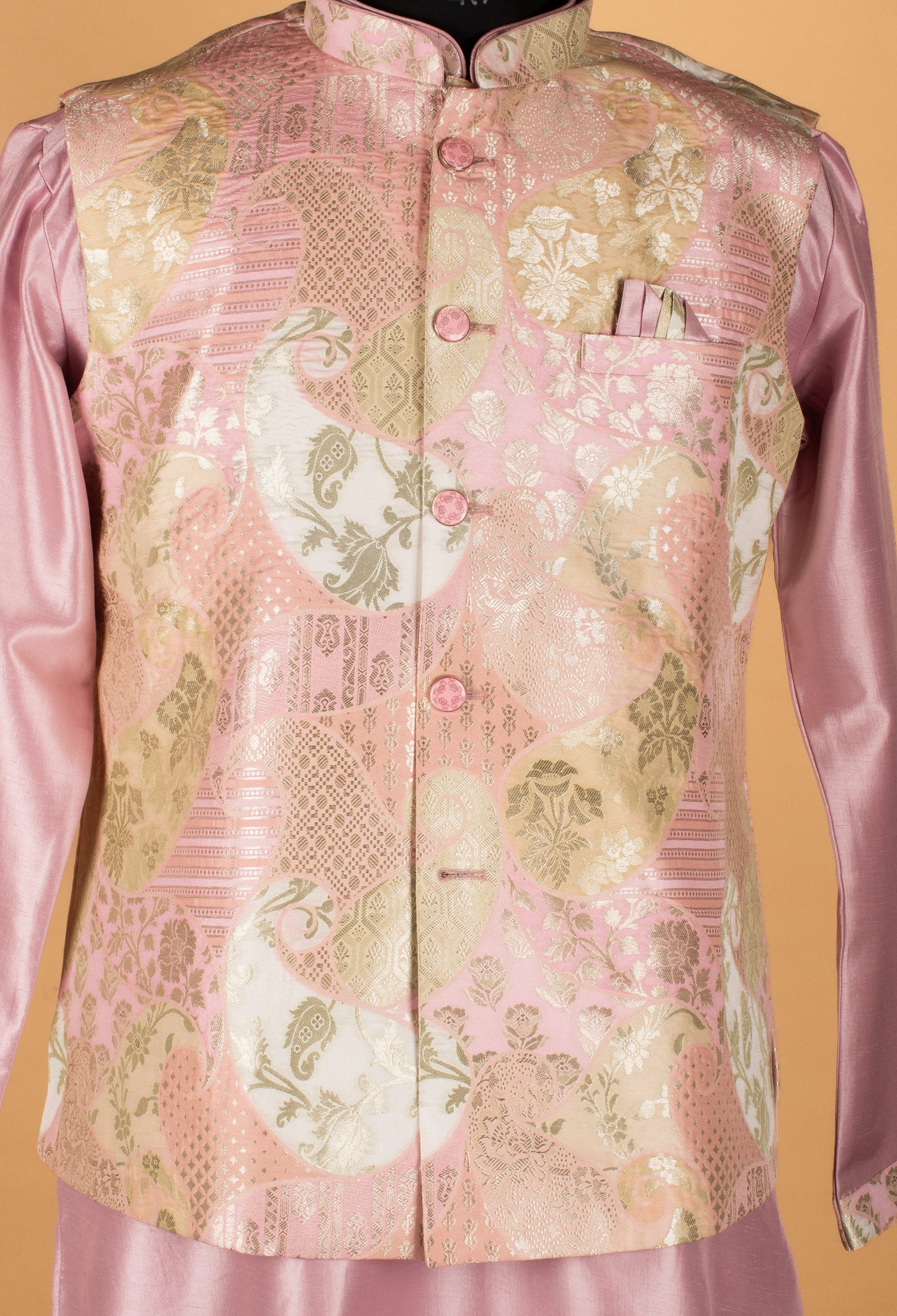 Men’s Blush Pink Kurta Set with Printed Nehru Jacket