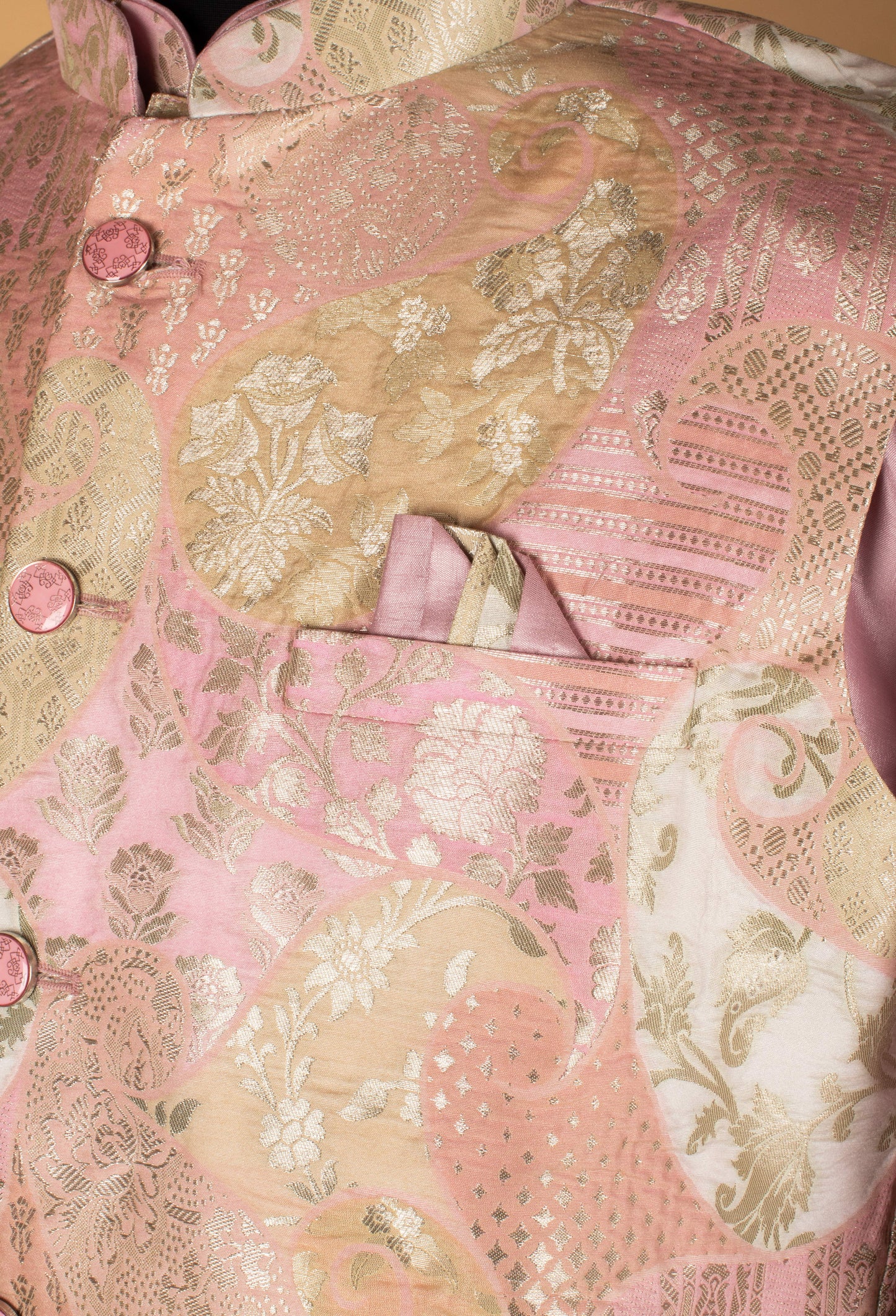 Men’s Blush Pink Kurta Set with Printed Nehru Jacket