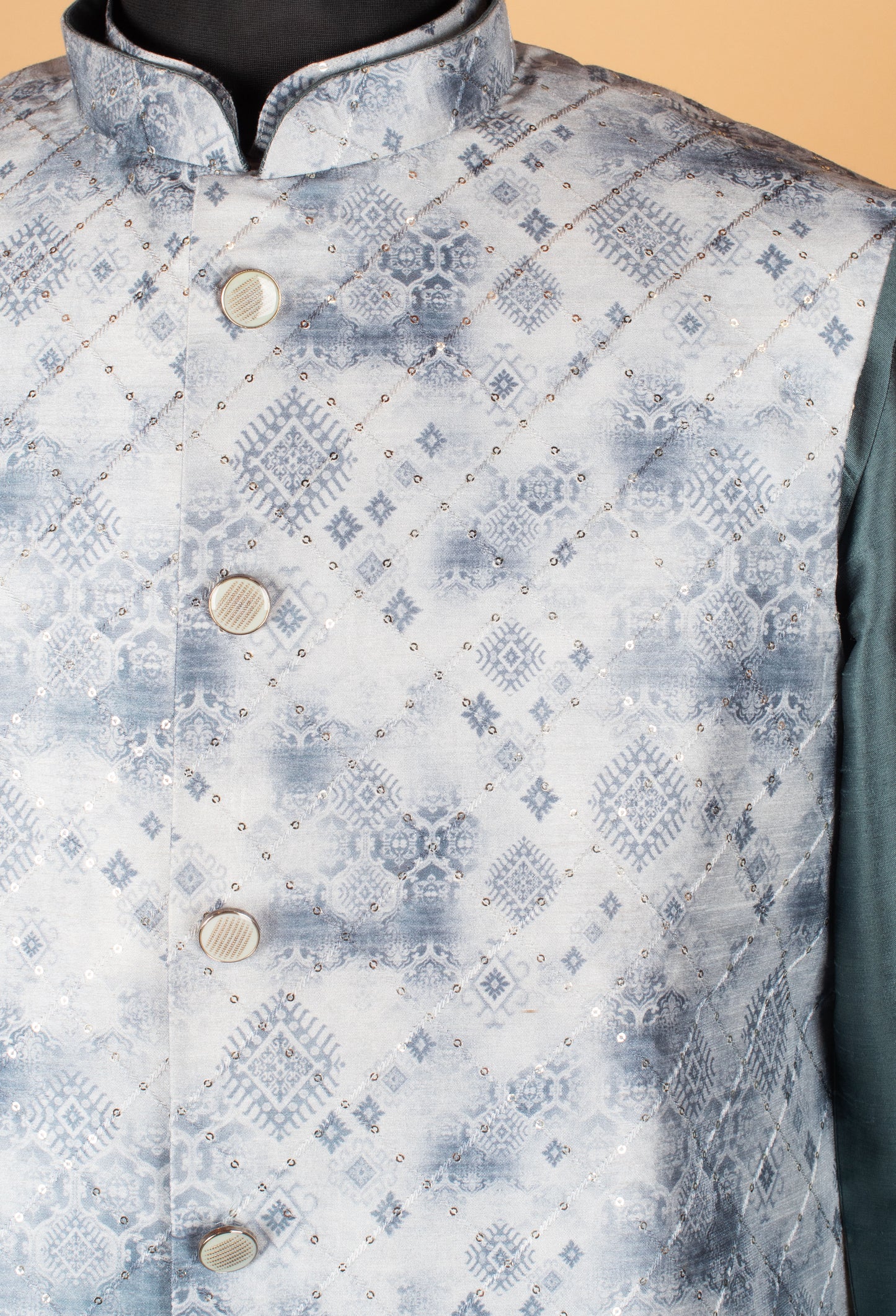 Men’s Teal Green Kurta Set with Printed Nehru Jacket