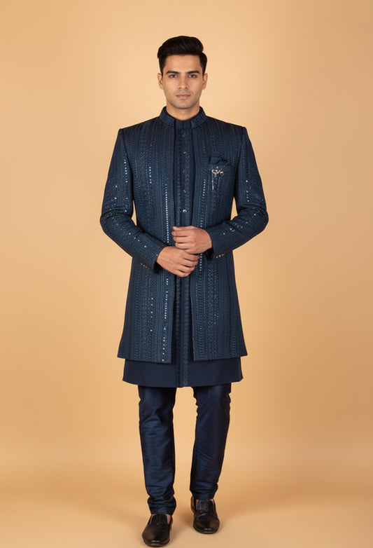 Men’s Navy Blue Embellished Indo-Western Suit with Mandarin Collar