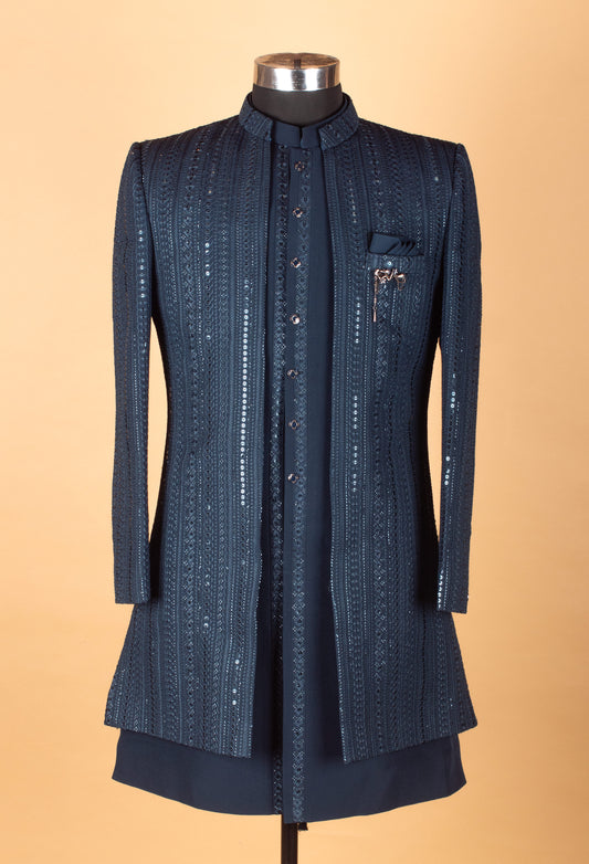 Men’s navy blue embellished Indo-Western suit with mandarin collar – product image 2
