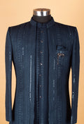 Men’s Navy Blue Embellished Indo-Western Suit with Mandarin Collar